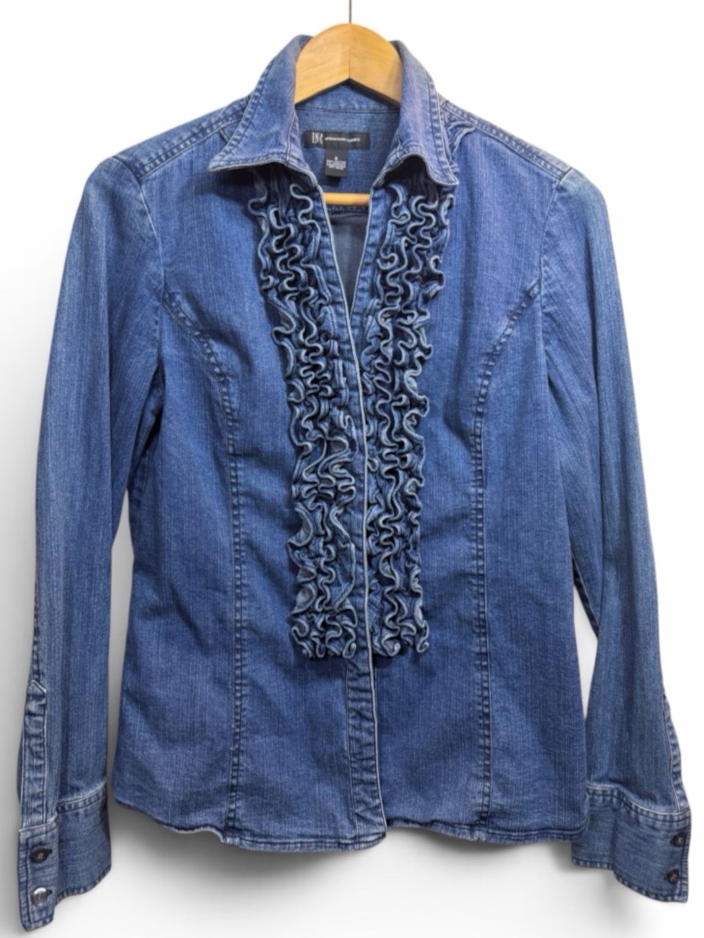 Y2K iNC Denim Tuxedo Ruffle Button Up Prairie Shirt Size 8 Cowgirl Western